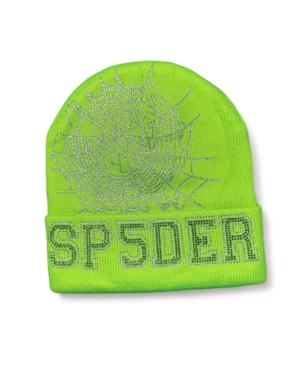 SP5DER Web Rhinestone Beanie Neon Green Knit Hat One Size